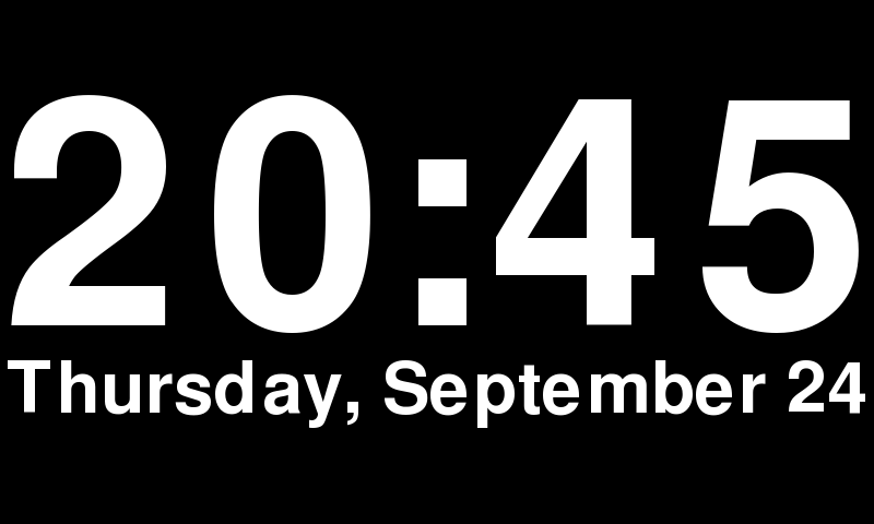 A white clock and date on a black background, filling the window