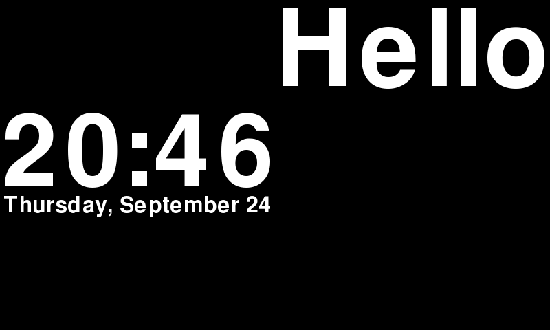 A clock on the left half of a black window, and the word Hello in the top left corner of the right half