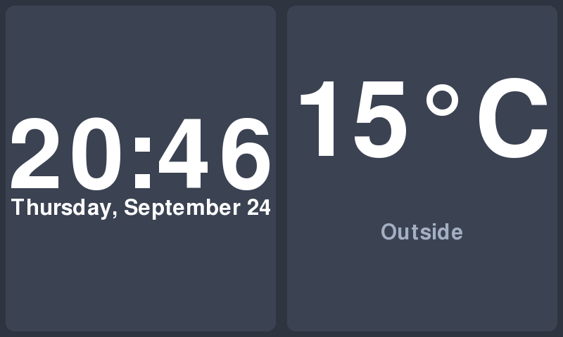The clock in a rounded panel on the left, and the temperature above a small gray Outside caption on the right